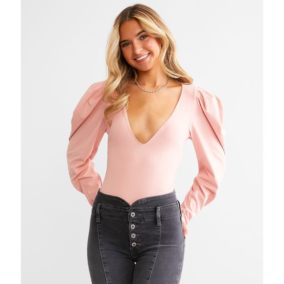 FREE PEOPLE Va Va Voop Long Sleeve Body Suit Womens XS Heart Haze Pink Puff NEW - Picture 1 of 16